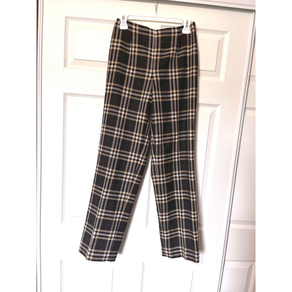 Talbots Black Plaid Straight Leg Trousers Side Zip Tartan Dress Pants Womens